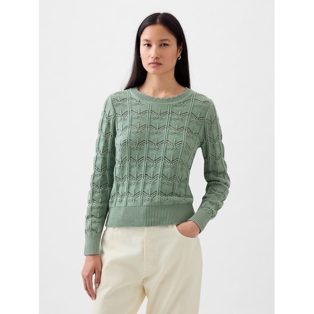 GAP Womens Sage Green Pointelle Pointy Stitch Crewneck Knit Sweater Size M